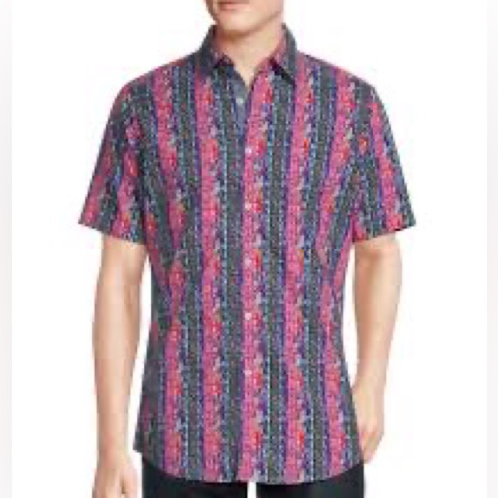 Cremieux Multicolor Striped Short Sleeve Button Shirt - Pink & Blue MEN SIZE XXL